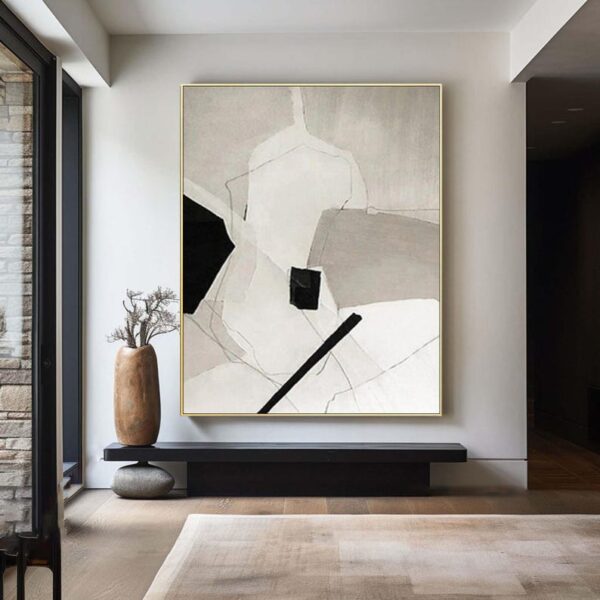 abstract painting, monochrome palette, geometric shapes, textured canvas, modern minimalist art, black and white wall decor, large framed artwork, neutral tones - Image 3