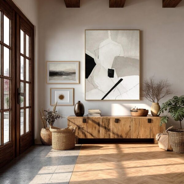 abstract painting, monochrome palette, geometric shapes, textured canvas, modern minimalist art, black and white wall decor, large framed artwork, neutral tones