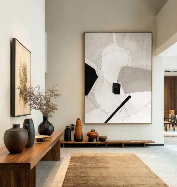 abstract painting, monochrome palette, geometric shapes, textured canvas, modern minimalist art, black and white wall decor, large framed artwork, neutral tones - Image 8
