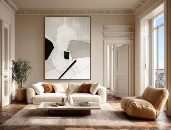 abstract painting, monochrome palette, geometric shapes, textured canvas, modern minimalist art, black and white wall decor, large framed artwork, neutral tones - Image 7
