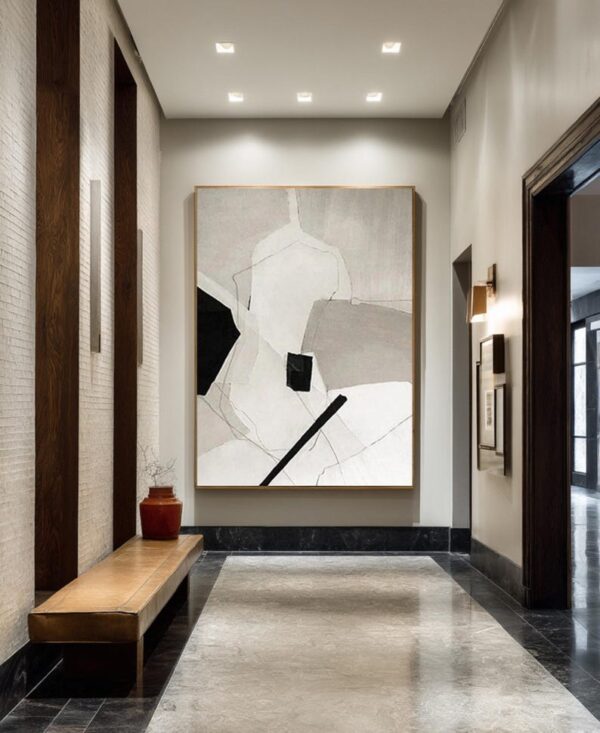 abstract painting, monochrome palette, geometric shapes, textured canvas, modern minimalist art, black and white wall decor, large framed artwork, neutral tones - Image 5
