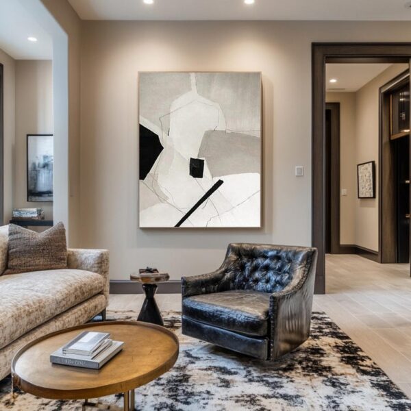 abstract painting, monochrome palette, geometric shapes, textured canvas, modern minimalist art, black and white wall decor, large framed artwork, neutral tones - Image 6