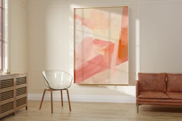 abstract painting, soft brush strokes, pastel tones, textured canvas, modern art, pink and orange hues, contemporary wall art, minimalist decor, large framed artwork - Image 6
