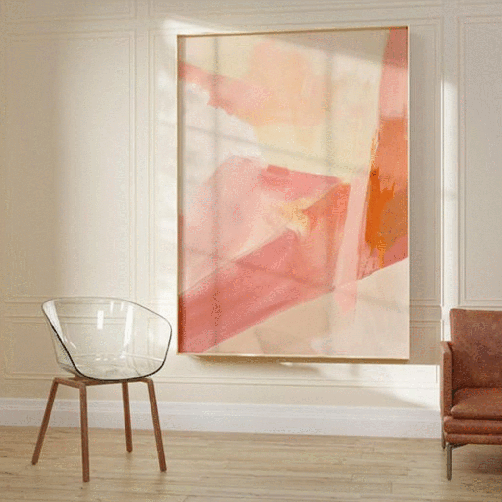 abstract painting, soft brush strokes, pastel tones, textured canvas, modern art, pink and orange hues, contemporary wall art, minimalist decor, large framed artwork