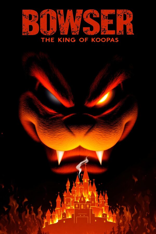 Fiery cinematic Bowser poster featuring his glowing eyes and fangs above a castle engulfed in flames, titled "The King of Koopas.