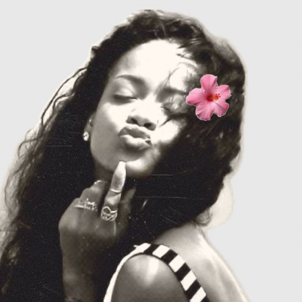 Aesthetic Rihanna Vintage Edit – Soft Glam with Pink Flower and Monochrome Style