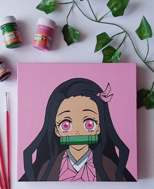 Nezuko Kamado Pink Canvas Art – Handmade Demon Slayer Anime Painting