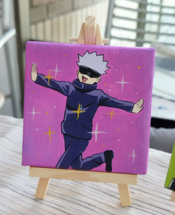Gojo Satoru Cute Chibi Painting on Mini Canvas – Jujutsu Kaisen Fan Art