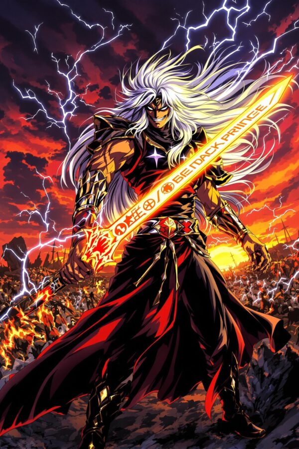 Dark Anime Warrior Poster – The Black Prince Art, Lightning Sword, Epic Battle Scene, Anime Wall Decor
