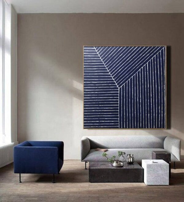 modern abstract painting, geometric wall art, navy and white canvas, minimalist line art, textured artwork, contemporary home decor, large square painting, bold linear design - Image 2