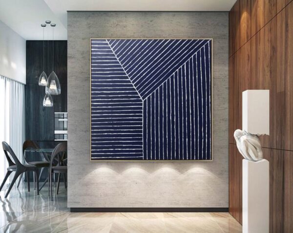 modern abstract painting, geometric wall art, navy and white canvas, minimalist line art, textured artwork, contemporary home decor, large square painting, bold linear design - Image 3