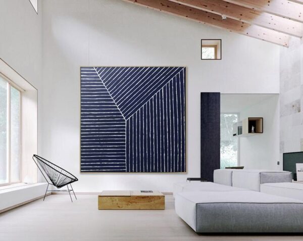 modern abstract painting, geometric wall art, navy and white canvas, minimalist line art, textured artwork, contemporary home decor, large square painting, bold linear design - Image 4