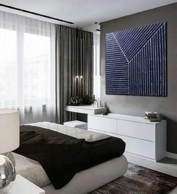 modern abstract painting, geometric wall art, navy and white canvas, minimalist line art, textured artwork, contemporary home decor, large square painting, bold linear design - Image 10