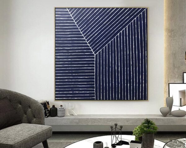 modern abstract painting, geometric wall art, navy and white canvas, minimalist line art, textured artwork, contemporary home decor, large square painting, bold linear design - Image 8