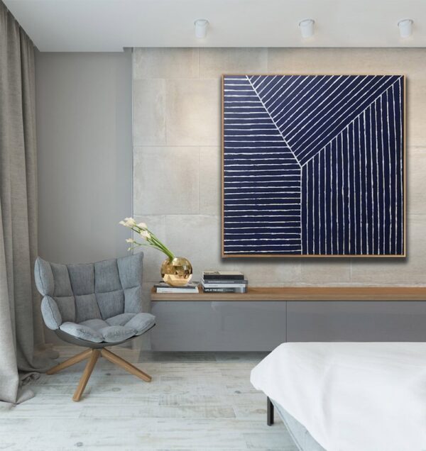 modern abstract painting, geometric wall art, navy and white canvas, minimalist line art, textured artwork, contemporary home decor, large square painting, bold linear design - Image 7
