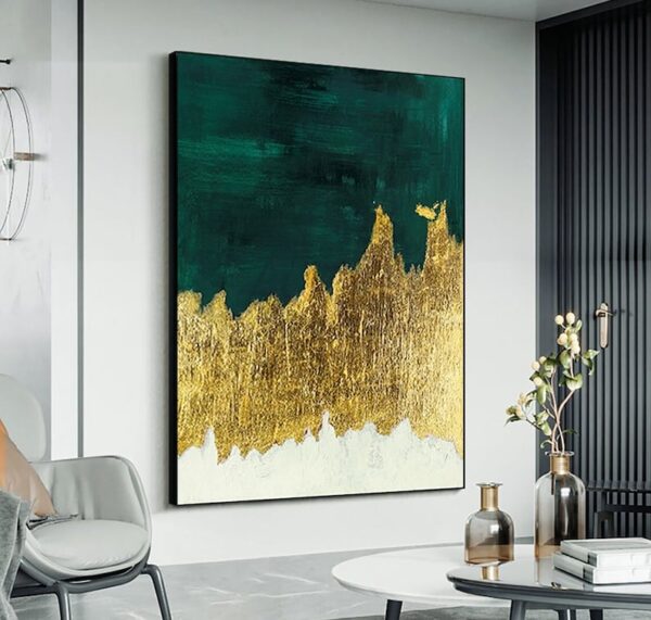 Large Original Abstract Painting - Gold Minimalist Painting,Green Abstract Oil Paintings on Canvas,Gold Leaf Painting,Gold Textured Painting - Image 9