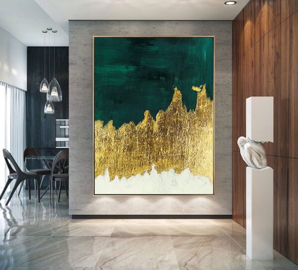 Large Original Abstract Painting - Gold Minimalist Painting,Green Abstract Oil Paintings on Canvas,Gold Leaf Painting,Gold Textured Painting - Image 6