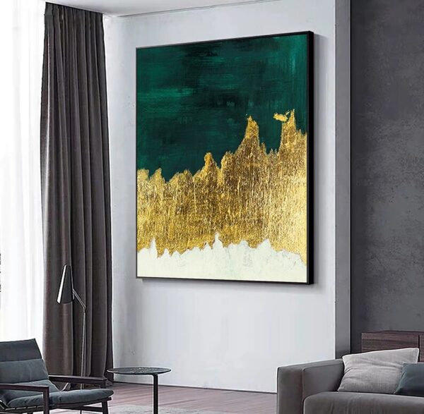 Large Original Abstract Painting - Gold Minimalist Painting,Green Abstract Oil Paintings on Canvas,Gold Leaf Painting,Gold Textured Painting - Image 4