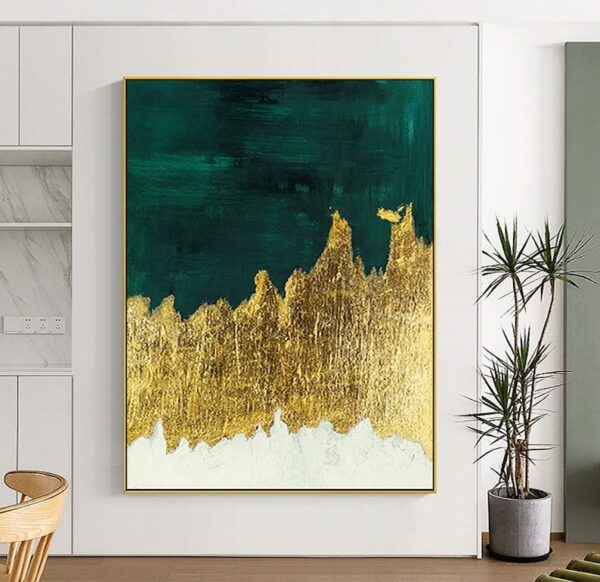 Large Original Abstract Painting - Gold Minimalist Painting,Green Abstract Oil Paintings on Canvas,Gold Leaf Painting,Gold Textured Painting