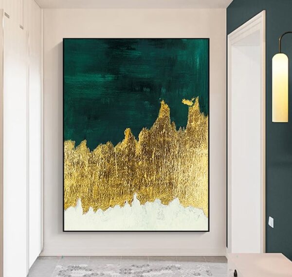 Large Original Abstract Painting - Gold Minimalist Painting,Green Abstract Oil Paintings on Canvas,Gold Leaf Painting,Gold Textured Painting - Image 2