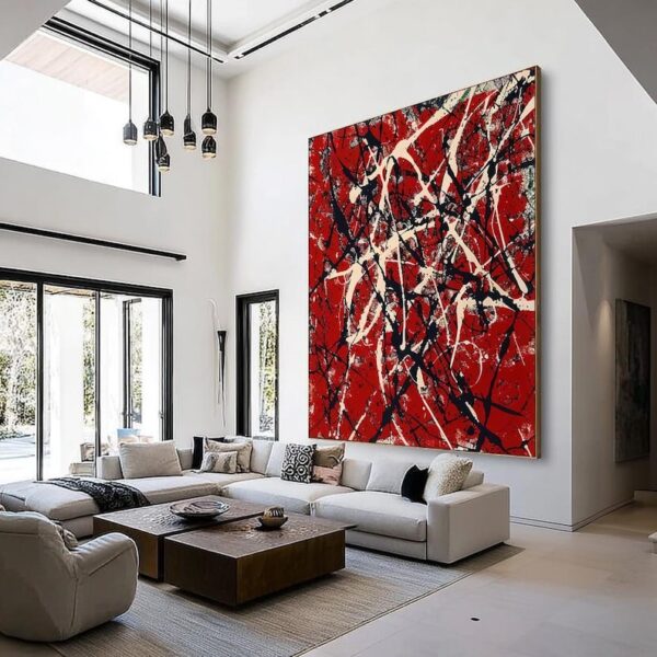 Large Abstract Red Wall Art, Modern Living Room Painting, Oversized Canvas Art, Black and White Drip Painting, Contemporary Home Decor, Bold Statement Artwork, Vertical Wall Hanging, Luxury Interior Accent - Image 2