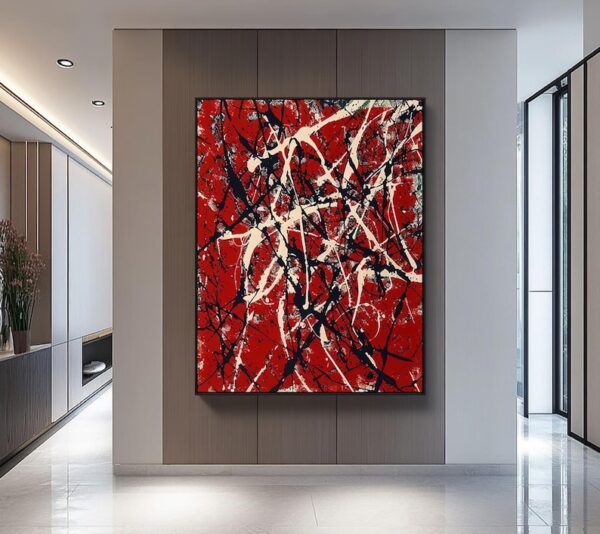 Large Abstract Red Wall Art, Modern Living Room Painting, Oversized Canvas Art, Black and White Drip Painting, Contemporary Home Decor, Bold Statement Artwork, Vertical Wall Hanging, Luxury Interior Accent - Image 4