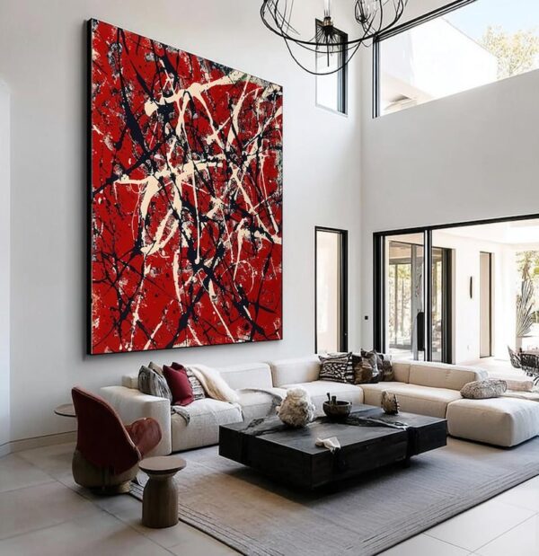 Large Abstract Red Wall Art, Modern Living Room Painting, Oversized Canvas Art, Black and White Drip Painting, Contemporary Home Decor, Bold Statement Artwork, Vertical Wall Hanging, Luxury Interior Accent - Image 5