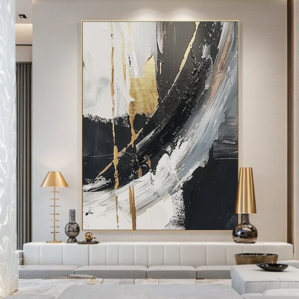 Black and white abstract oil painting on canvas, modern office wall art, wall decor, original handmade painting with yellow accents - Image 2