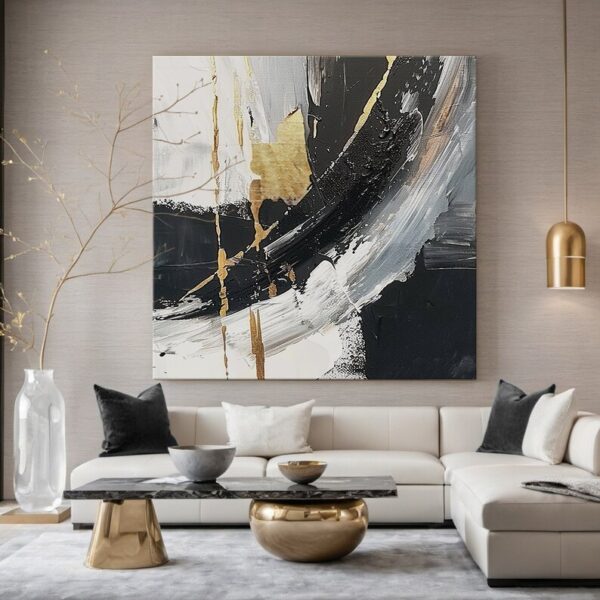Black and white abstract oil painting on canvas, modern office wall art, wall decor, original handmade painting with yellow accents - Image 9