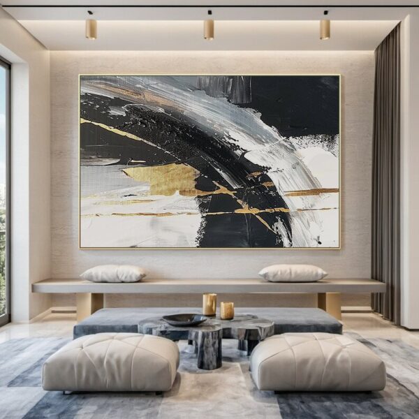 Black and white abstract oil painting on canvas, modern office wall art, wall decor, original handmade painting with yellow accents - Image 8