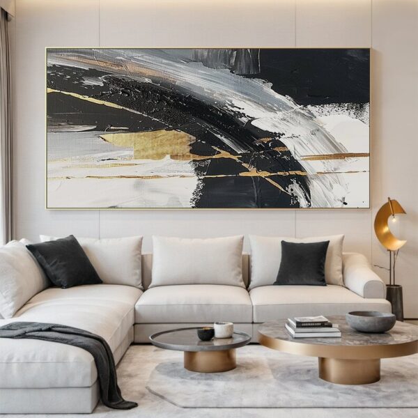 Black and white abstract oil painting on canvas, modern office wall art, wall decor, original handmade painting with yellow accents - Image 7