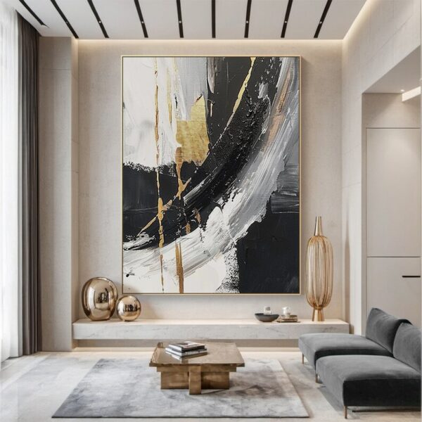 Black and white abstract oil painting on canvas, modern office wall art, wall decor, original handmade painting with yellow accents