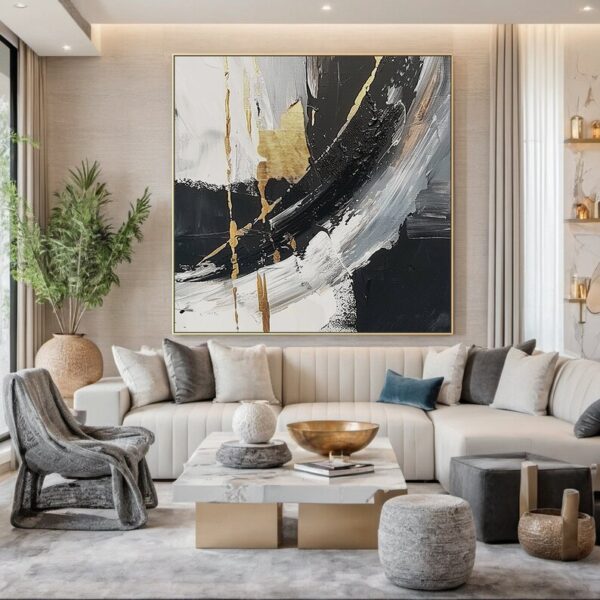 Black and white abstract oil painting on canvas, modern office wall art, wall decor, original handmade painting with yellow accents - Image 5