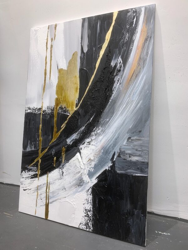 Black and white abstract oil painting on canvas, modern office wall art, wall decor, original handmade painting with yellow accents - Image 3