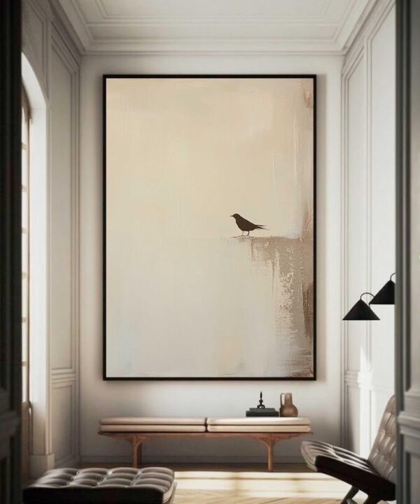 Home Decor Neutral Beige Home Decor Bird Abstract Painting - Image 2