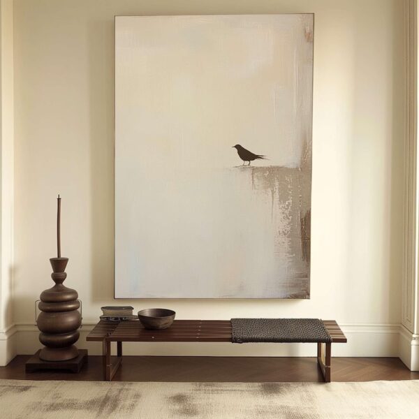Home Decor Neutral Beige Home Decor Bird Abstract Painting - Image 3