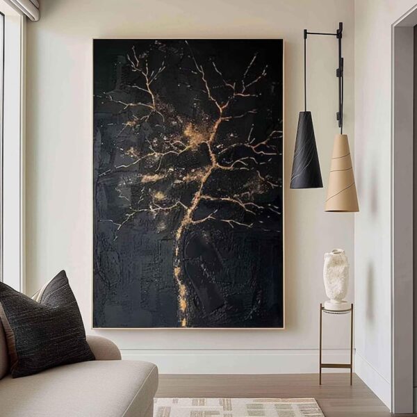 Large Nordic black abstract wall black 3D texture painting modern living room abstract painting minimalist art black gold tree painting art - Image 7