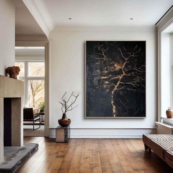 Large Nordic black abstract wall black 3D texture painting modern living room abstract painting minimalist art black gold tree painting art - Image 5