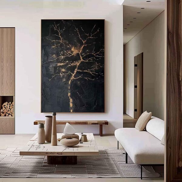 Large Nordic black abstract wall black 3D texture painting modern living room abstract painting minimalist art black gold tree painting art - Image 4