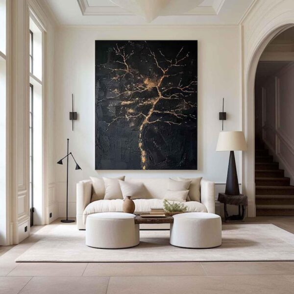Large Nordic black abstract wall black 3D texture painting modern living room abstract painting minimalist art black gold tree painting art - Image 3