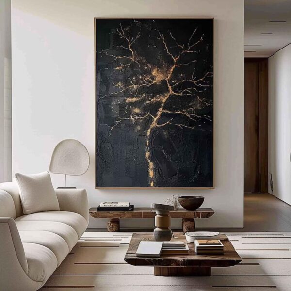 Large Nordic black abstract wall black 3D texture painting modern living room abstract painting minimalist art black gold tree painting art