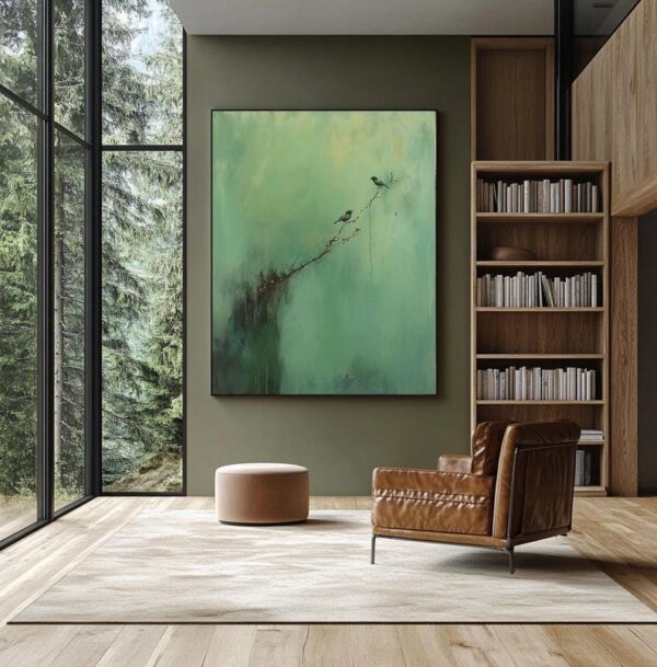 bird wall art, nature-inspired painting, abstract green canvas, minimalist bird artwork, textured acrylic painting, modern nature decor, serene wall art, peaceful branch scene