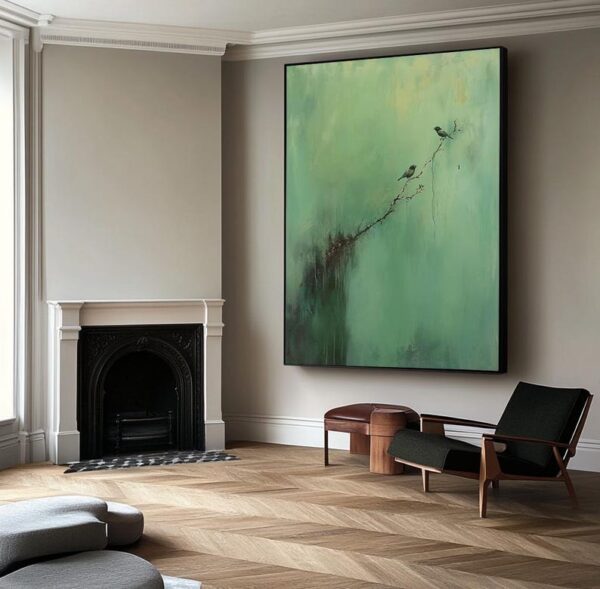 bird wall art, nature-inspired painting, abstract green canvas, minimalist bird artwork, textured acrylic painting, modern nature decor, serene wall art, peaceful branch scene - Image 3