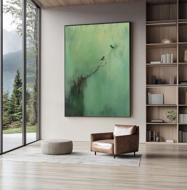 bird wall art, nature-inspired painting, abstract green canvas, minimalist bird artwork, textured acrylic painting, modern nature decor, serene wall art, peaceful branch scene - Image 4