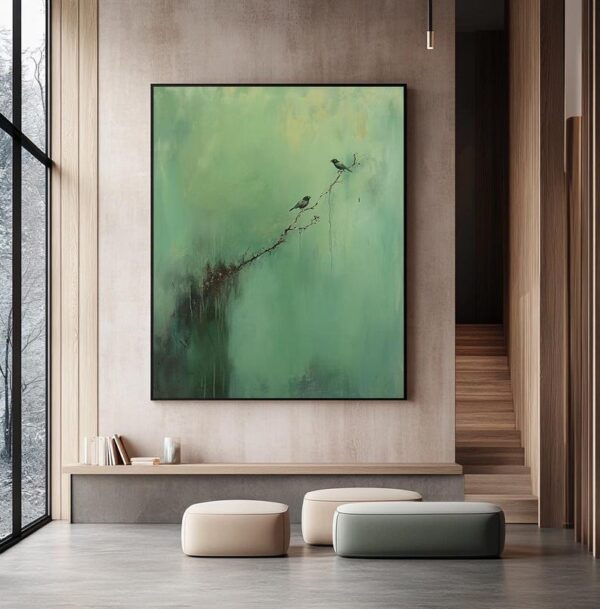 bird wall art, nature-inspired painting, abstract green canvas, minimalist bird artwork, textured acrylic painting, modern nature decor, serene wall art, peaceful branch scene - Image 5