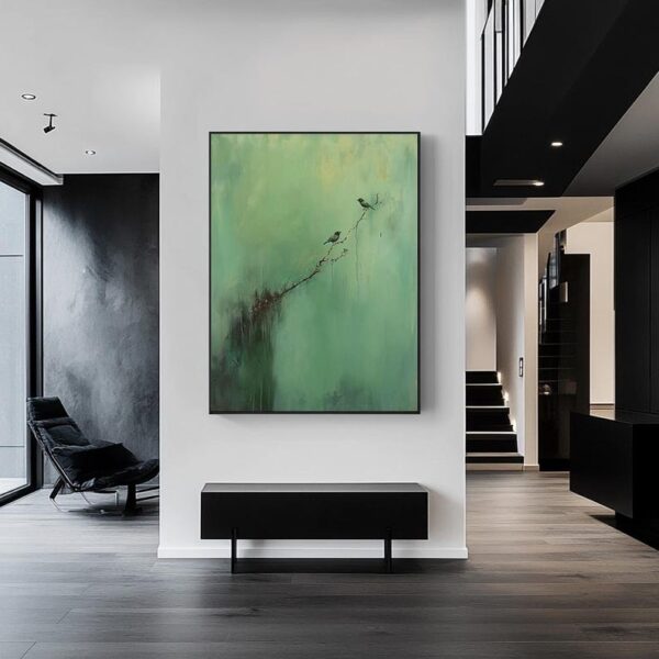bird wall art, nature-inspired painting, abstract green canvas, minimalist bird artwork, textured acrylic painting, modern nature decor, serene wall art, peaceful branch scene - Image 6