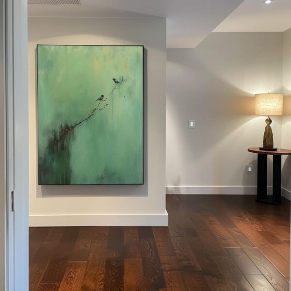 bird wall art, nature-inspired painting, abstract green canvas, minimalist bird artwork, textured acrylic painting, modern nature decor, serene wall art, peaceful branch scene - Image 7