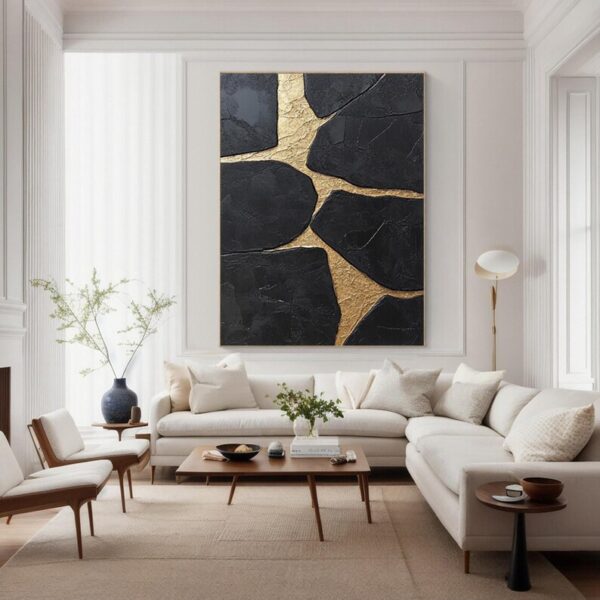 Handmade Black & Gold Thick Texture Abstract Art, Bold Metallic Canvas Painting for Luxury Living Room and Bedroom, Minimalist Wall Art - Image 2