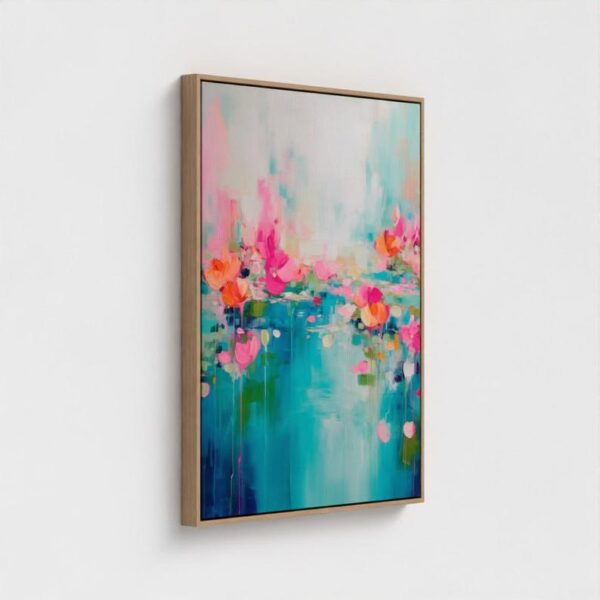 abstract floral painting, lotus wall art, textured canvas, colorful artwork, modern home decor, acrylic painting, vibrant flower art, pink and teal painting, contemporary art piece - Image 3