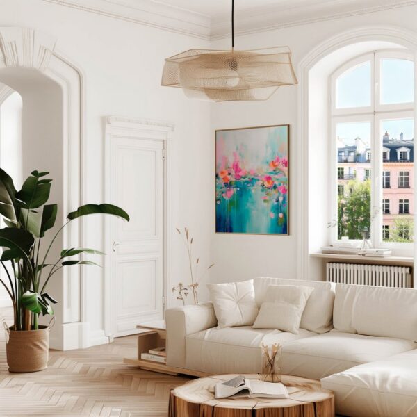 abstract floral painting, lotus wall art, textured canvas, colorful artwork, modern home decor, acrylic painting, vibrant flower art, pink and teal painting, contemporary art piece - Image 2